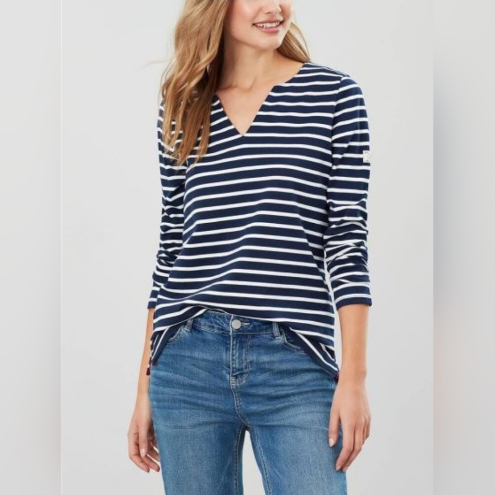 Joules Harbour Notch Neck Jersey Top Striped Navy Nautical Coastal Women's sz 6